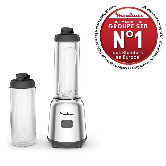 Frullatore Moulinex a 2 bottiglie, design compatto, lame rimovibili facili da pulire, 300 W, LM15FD10