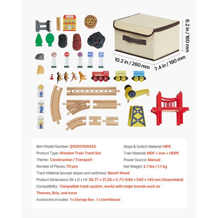 Tren de madera VEVOR para niños de 3 a 8 años - 70 piezas - Juguete para Navidad, cumpleaños, niños y niñas