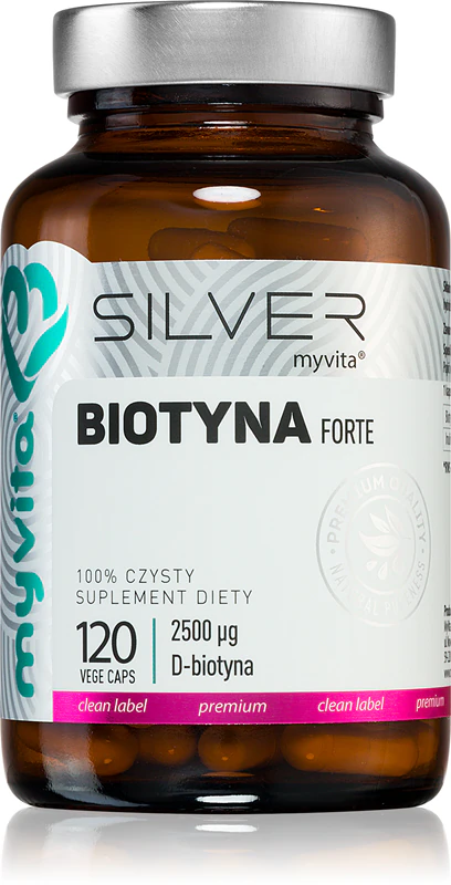 Cápsulas do suplemento alimentar MyVita Silver Biotyna Forte para cabelos, pele e unhas bonitos.