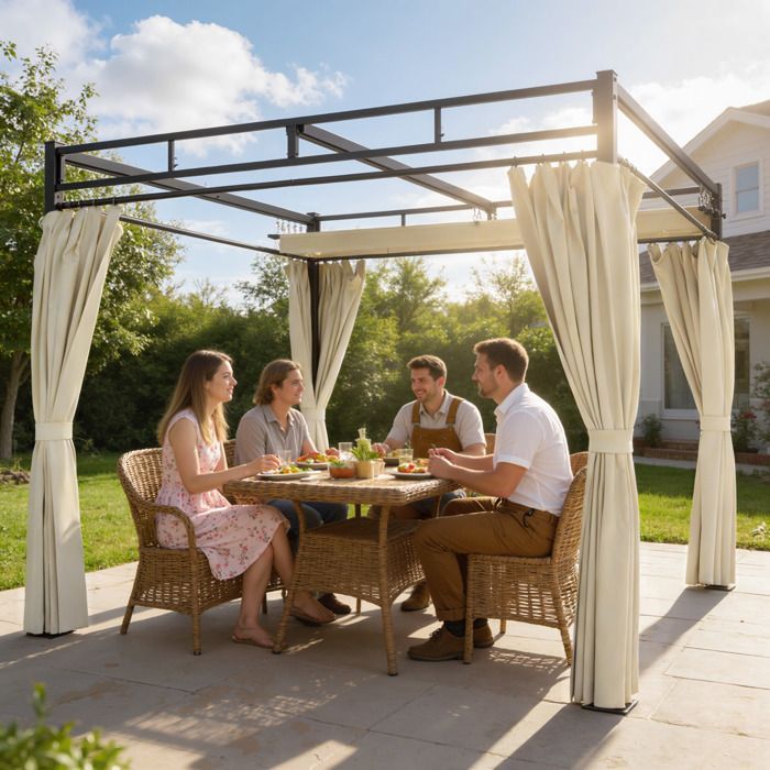 Pergola de jardin - tonnelle de jardin extérieur - Outsunny - toit rétractable, 4 rideaux, protection UV30+ - acier - 3x3m - beige