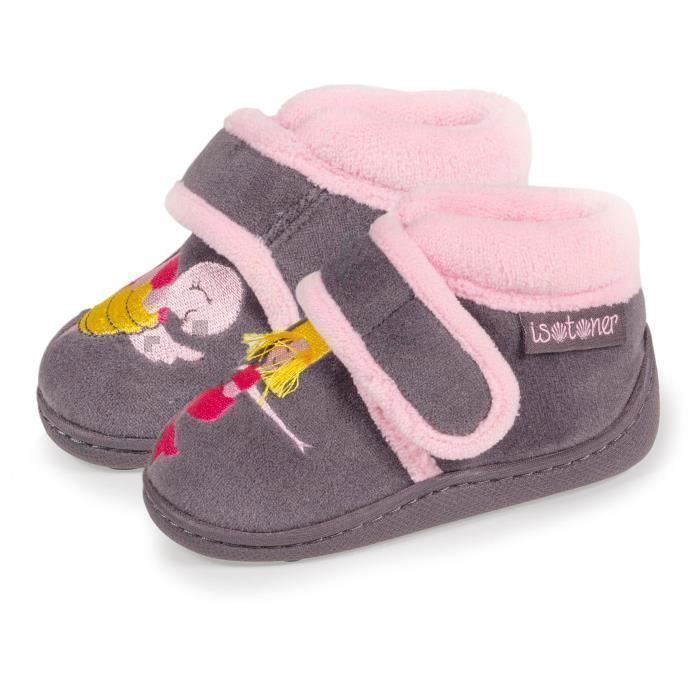 Pantuflas Isotoner para bebé niña, cierre de velcro, suela antideslizante, gris oscuro.