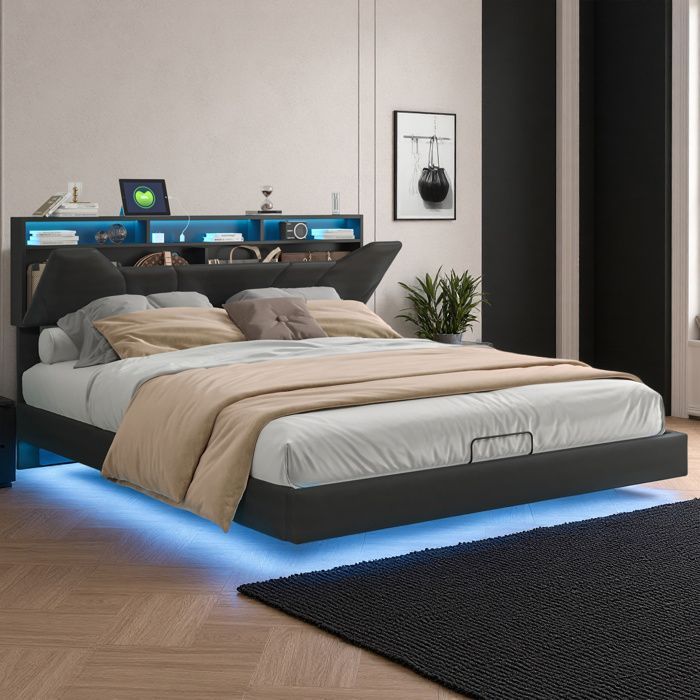 140x190 cm Bed - COZY - PU-stof - LED en USB - lattenbodem - tweepersoonsbedframe 140x190 cm - zwart
