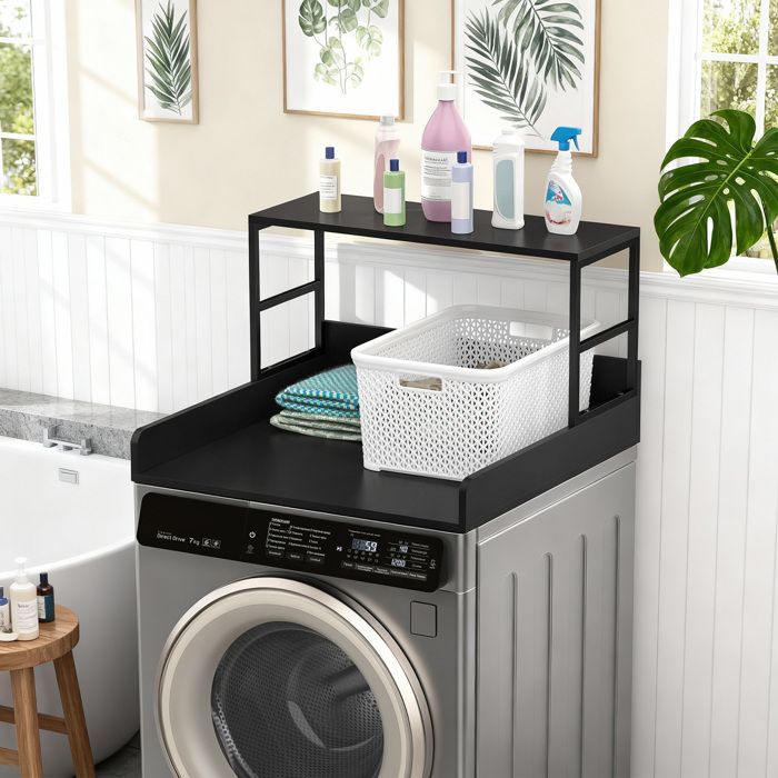 Wasmachine- en drogertafel met plank, 68,5 × 68,5 × 42 cm, met antislipvoetjes en beschermranden.