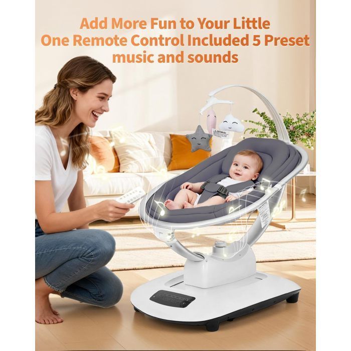 Columpio/hamaca eléctrico 3 en 1 para bebé con mando a distancia, mesa de comedor, 5 modos de balanceo, temporizador y música - Gris oscuro