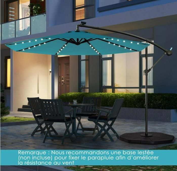 Parasol de Jardin Extérieur - RELAX4LIFE- Dia 300CM - 40 LED - 8 Baleines - Incliné 35°- Pied en Croix - Parasol Déporté -Turquoise