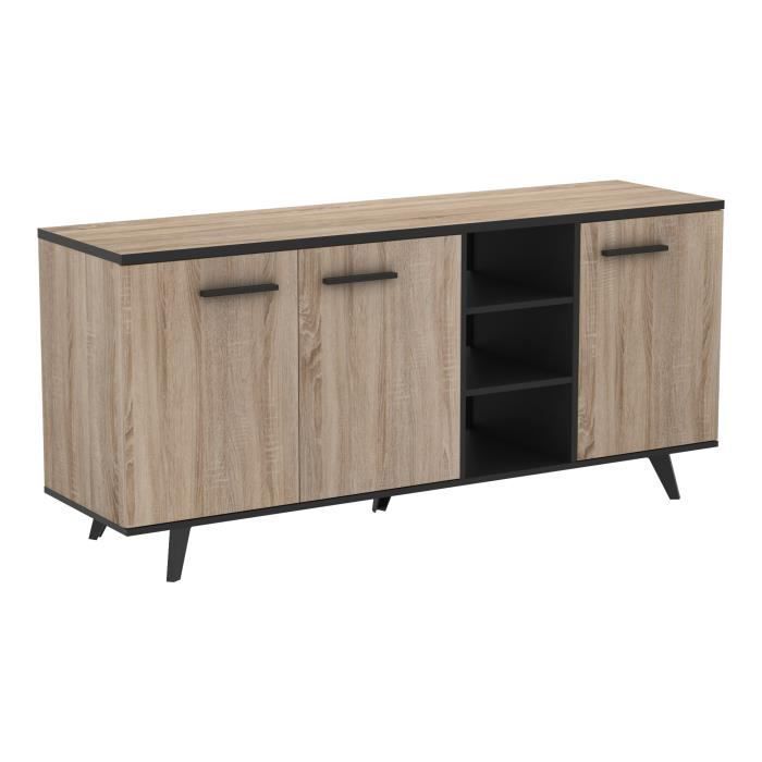 Conjunto de salón DEMEYERE: Aparador + Mesa alta + Vitrina - Acabado en roble cepillado - WAYNE