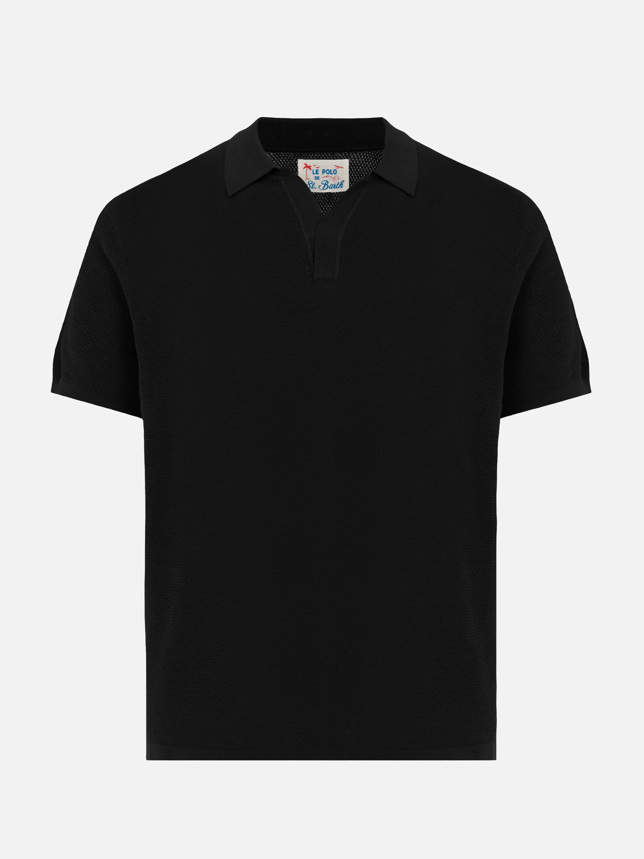Sloan poloshirt in zwart gebreid zijde en katoen