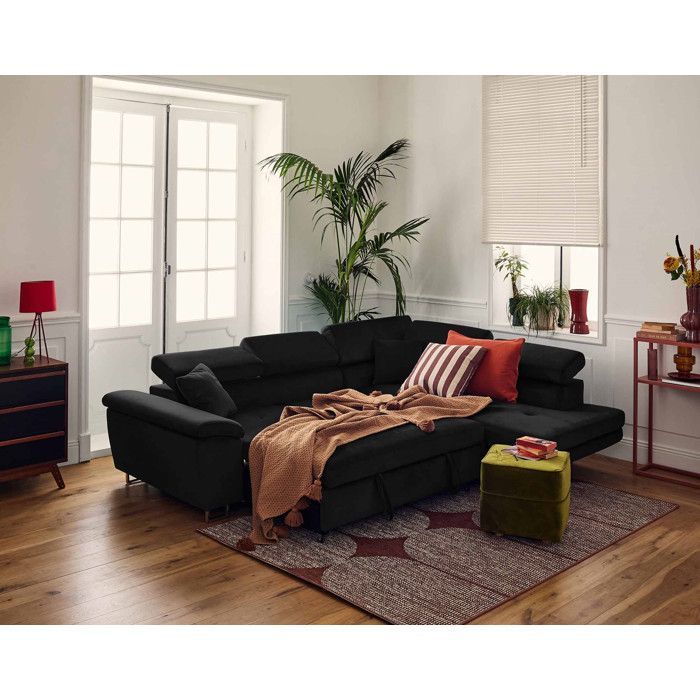 Dimas – 5-Sitzer Ecksofa rechts – ausziehbar mit Stauraum und verstellbaren Kopfstützen – in Samt – Schwarz