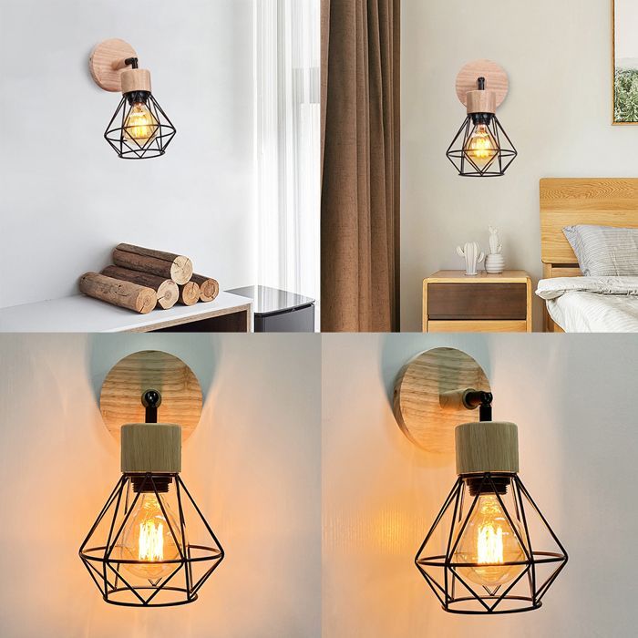 UNI 2 Pack Applique Murale Intérieur Design Fer Abat-jour Cage E27 Luminaire Plafonnier Ajustable Noir