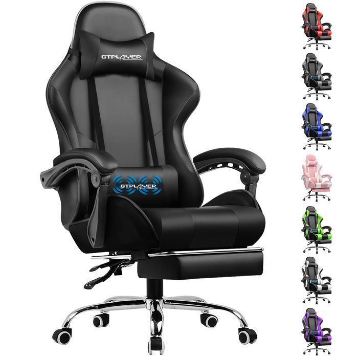 Sedia da gaming con poggiapiedi, cuscino massaggiante lombare, sedia da ufficio ergonomica con braccioli sincronizzati (nera)