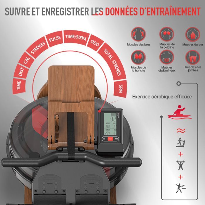 Rameur à eau - JOROTO - MR280Pro - Chêne massif - Pliable - Moniteur Bluetooth (Kinomap)