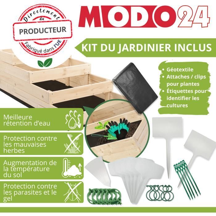 MODO24 Raised Wooden Vegetable Garden Bed, 4 Cascading Tiers, 54x117x120 cm, Garden/Patio, Gardening Kit Included, Impregnated Brown