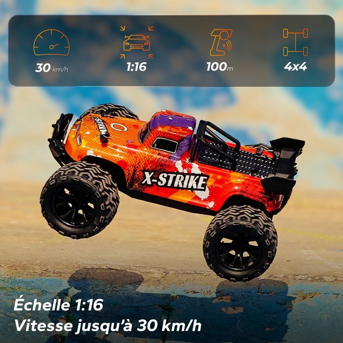 OVERMAX X-Strike - Carro de Controle Remoto RC - Off-Road - Escala 1:16 - 40 min - 30 km/h - Luzes LED - Treinamento 4x4