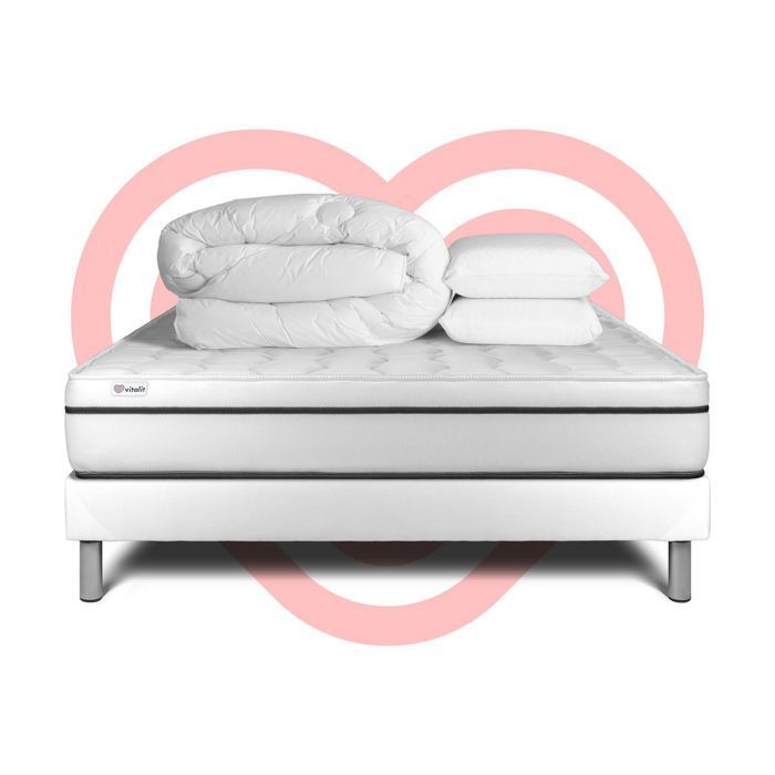 Pack lit complet 180x200 cm - Matelas + Sommier Blanc (en kit) + 2 oreillers + Couette - Vital Spa Blanc