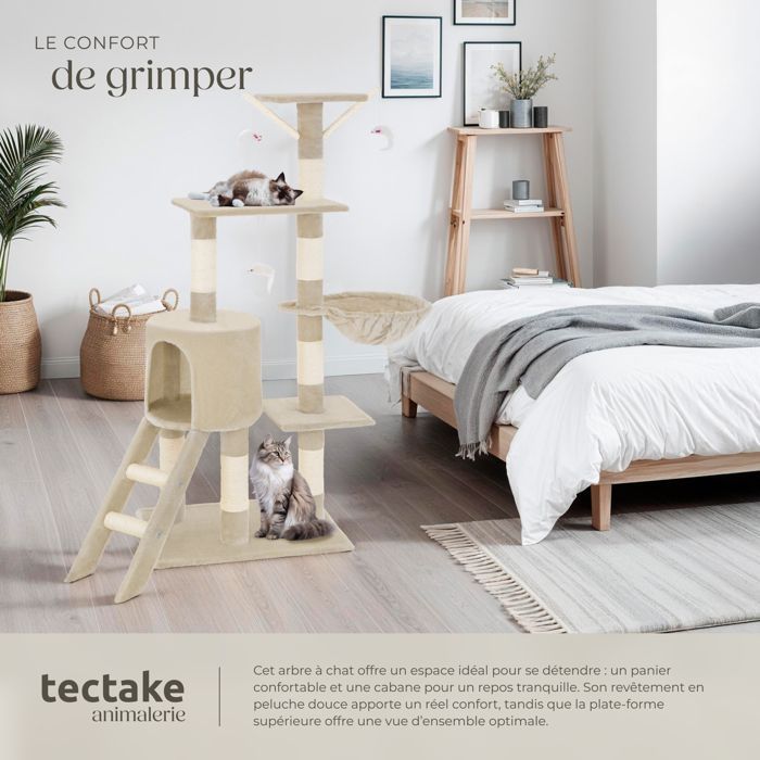 Arbre à chat - TECTAKE - Mobilier pour chat DOMINIQUE 142 cm de hauteur avec griffoir, hamac et jouets - Beige