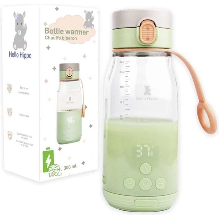 HELLO HIPPO® Chauffe biberon portable avec batterie USB -Chauffe biberon nomade et portatif Lait et Eau -Capacité de 300 ml -