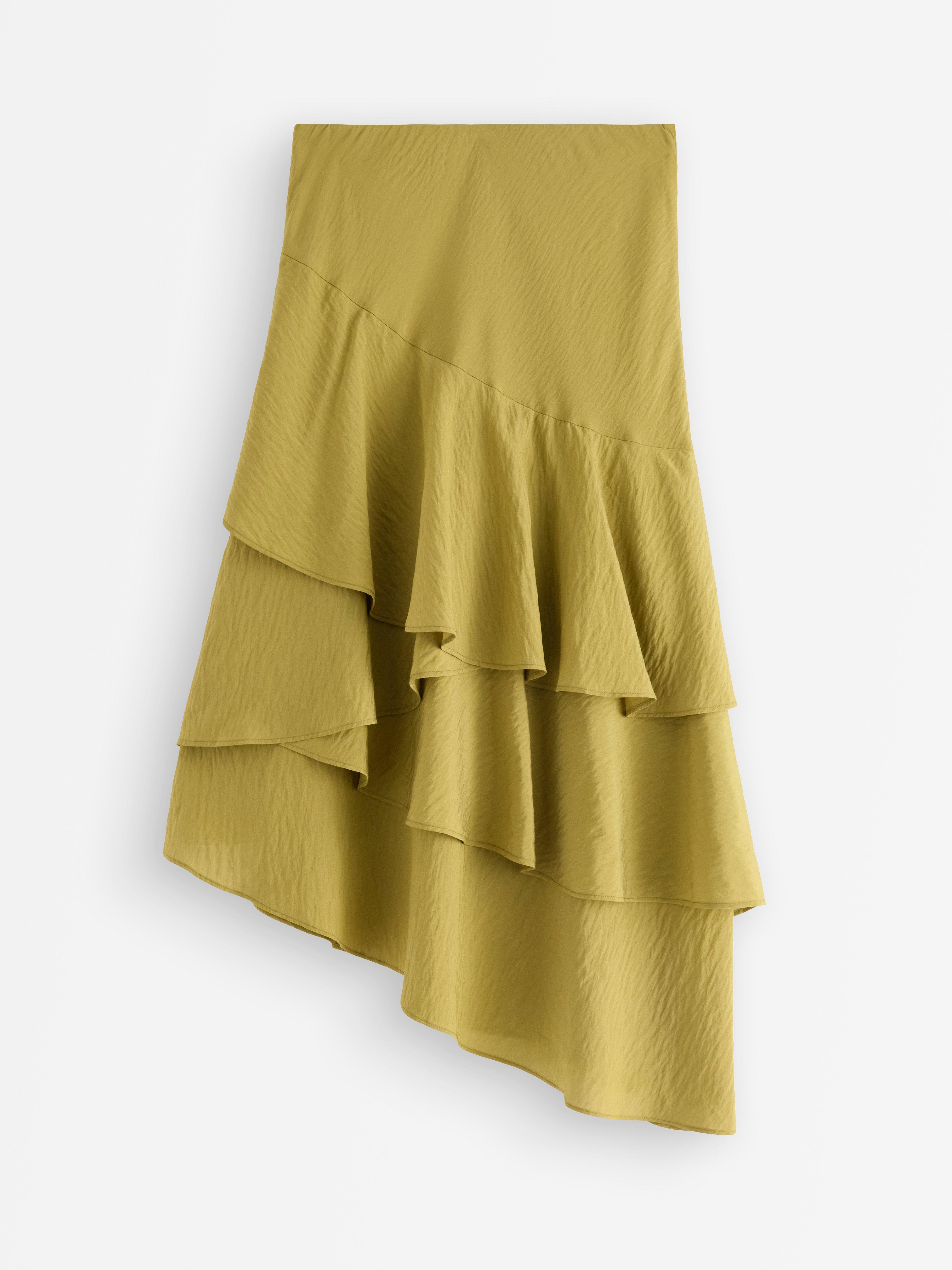 Falda midi con volantes, color verde empolvado.