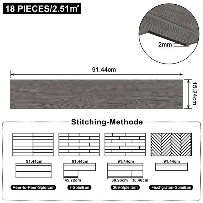 Suelo vinílico autoadhesivo de PVC LZQ con efecto madera, 18 piezas, 2,51 m² de baldosas vinílicas adhesivas, color roble gris oscuro.