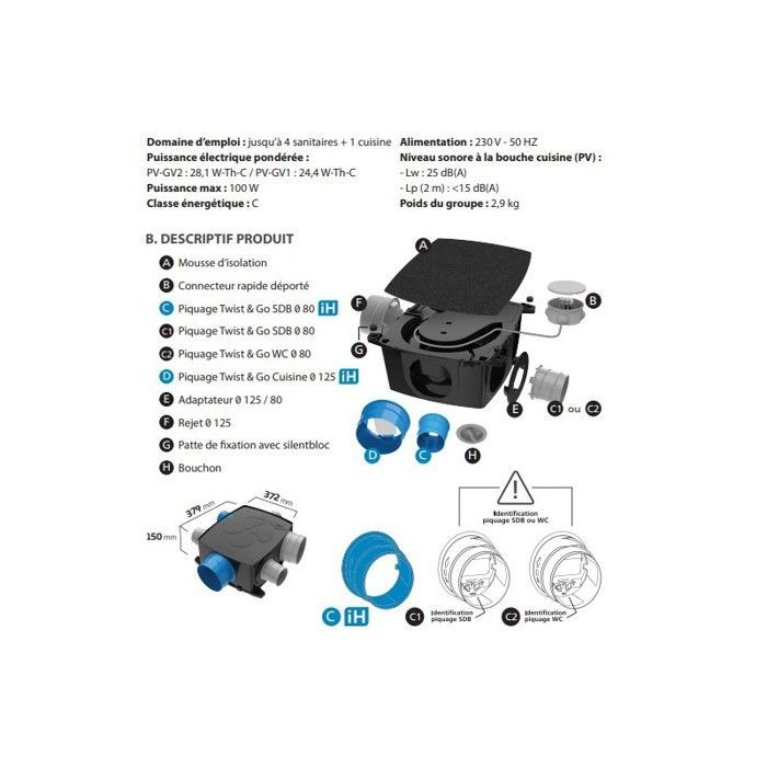 Kit de ventilación inteligente autorregulable de flujo único Autocosy IH Flex - Atlantic - 4 baños + 1 cocina