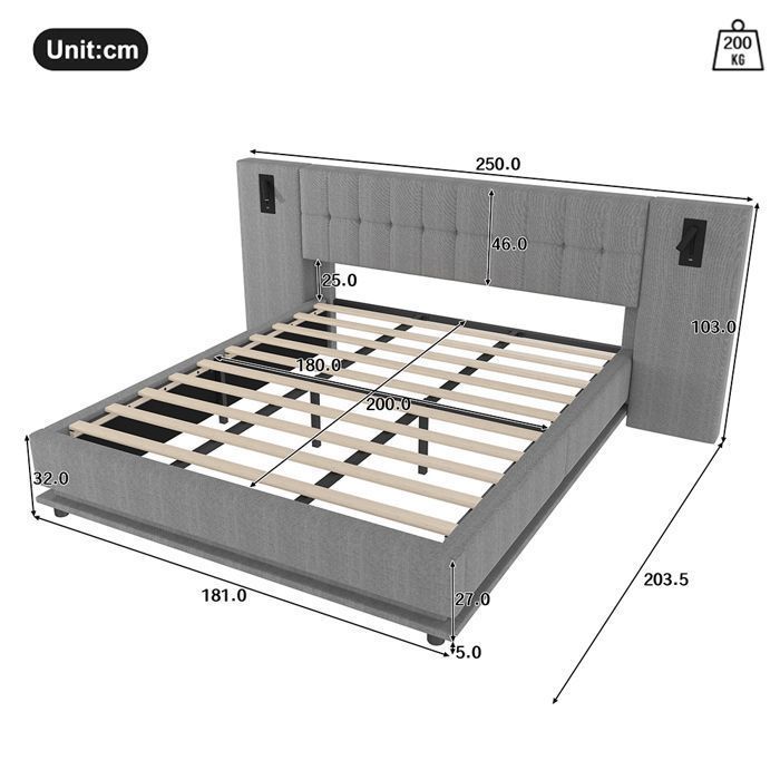 Cama de casal 180x200 cm com iluminação LED, cabeceira alta, estrado de ripas, roupa de cama, cinza.