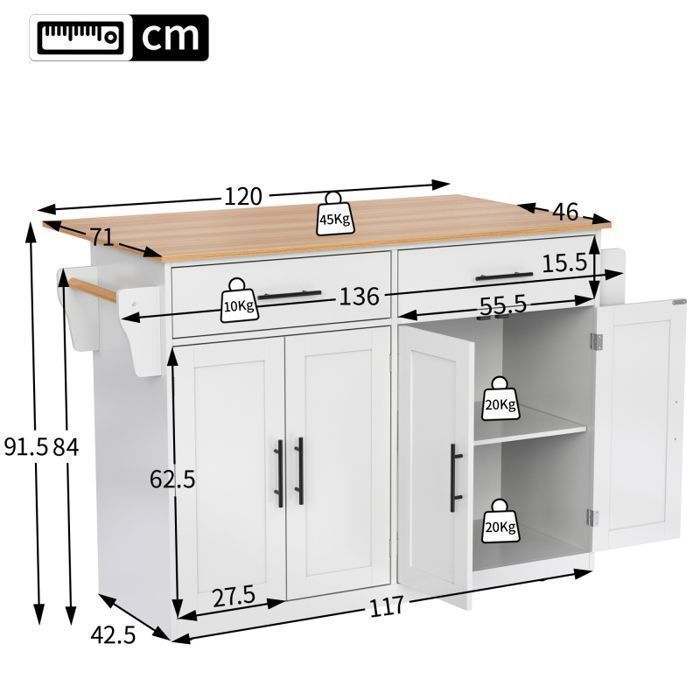 Desserte de cuisine avec Plateau Rabattable - Îlot Central Cuisine Mobile - 2 Grands Tiroirs - 2 Portes et Porte-Serviettes - Blanc