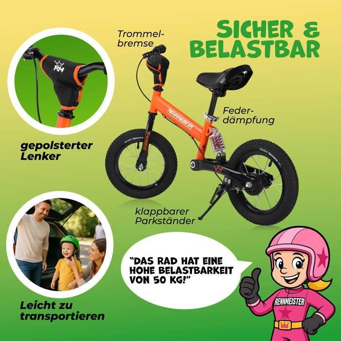 Orange Rennmeister balance bike for children, pedal-free, with suspension, max weight capacity 50kg, drum brakes, shock-absorbing padding, and a cycling saddle.
