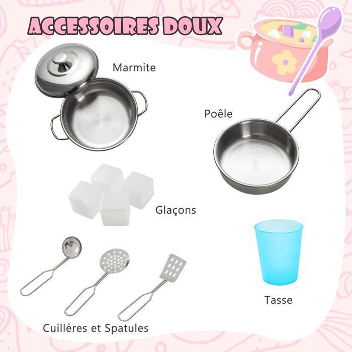 COSTWAY Cuisine Enfants 3 - 6 Ans en Bois avec Téléphone, Tableau Noir, Micro-ondes, Machine de Glaçons, 7 Accessoires Rose Clair