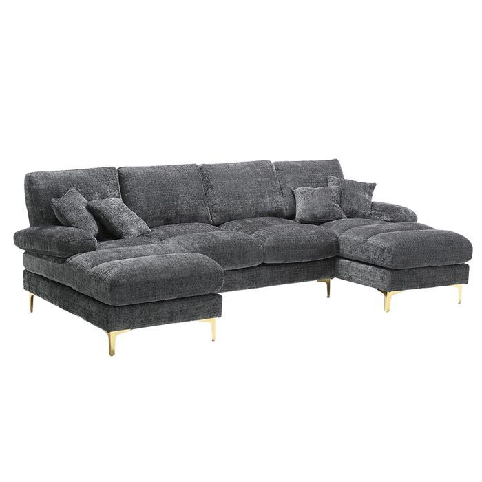Sofá moderno de 4 plazas en forma de U, tapizado en chenilla con dos asientos, color gris.
