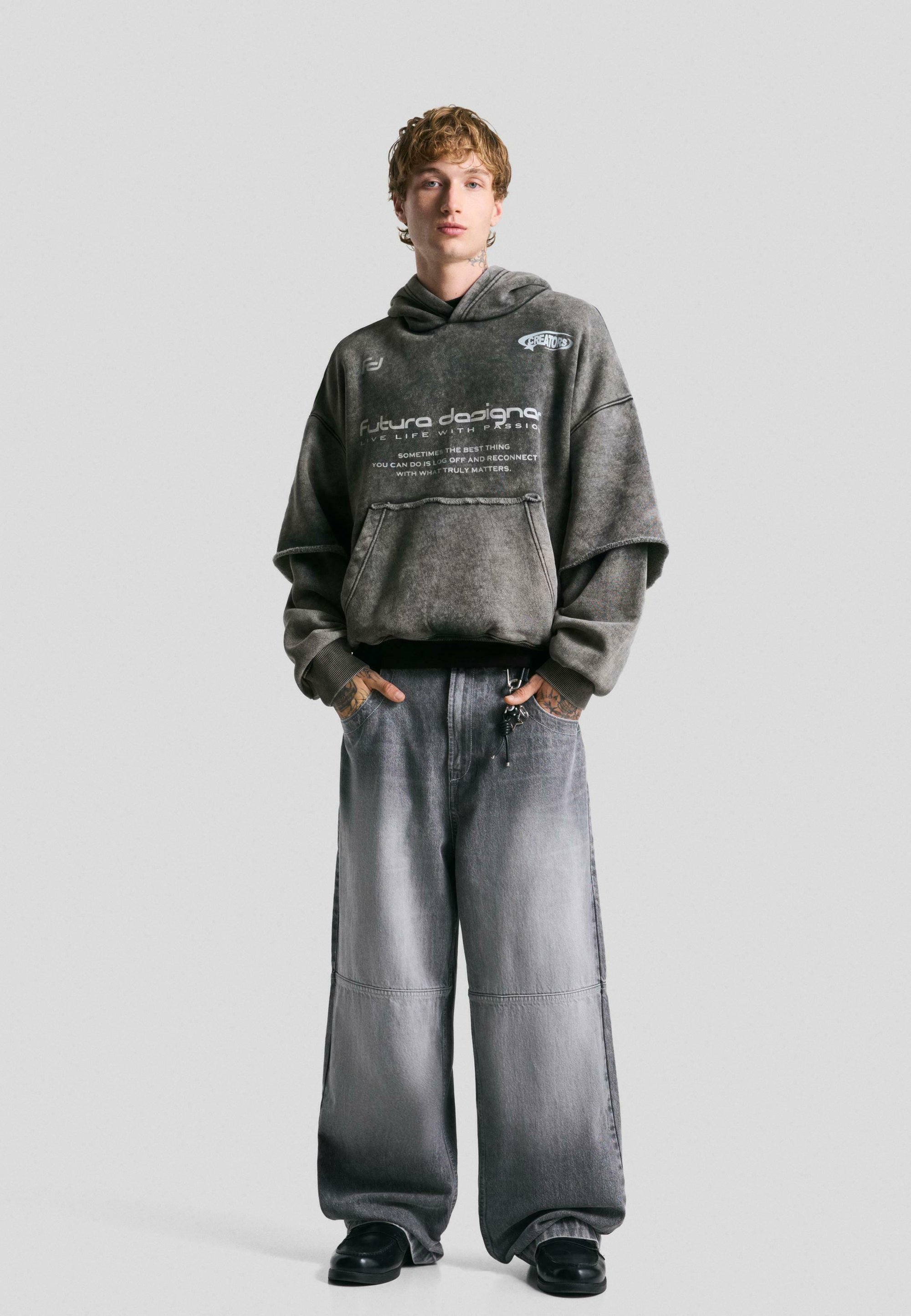 Mikina s kapucňou Bershka - tmavosivá melanžovaná