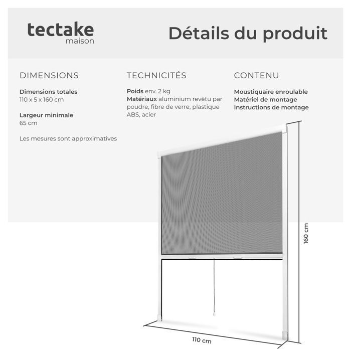 TECTAKE - Mosquitera enrollable ajustable y resistente a los rayos UV para ventanas, 110x160cm - blanco/negro