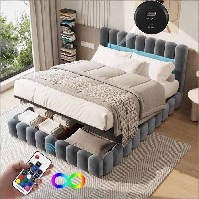 Letto contenitore 180 x 200 cm, letto 180x200 con rete a doghe, con porta USB e LED, letto matrimoniale imbottito, design a tronco d'albero, struttura letto, velluto, grigio