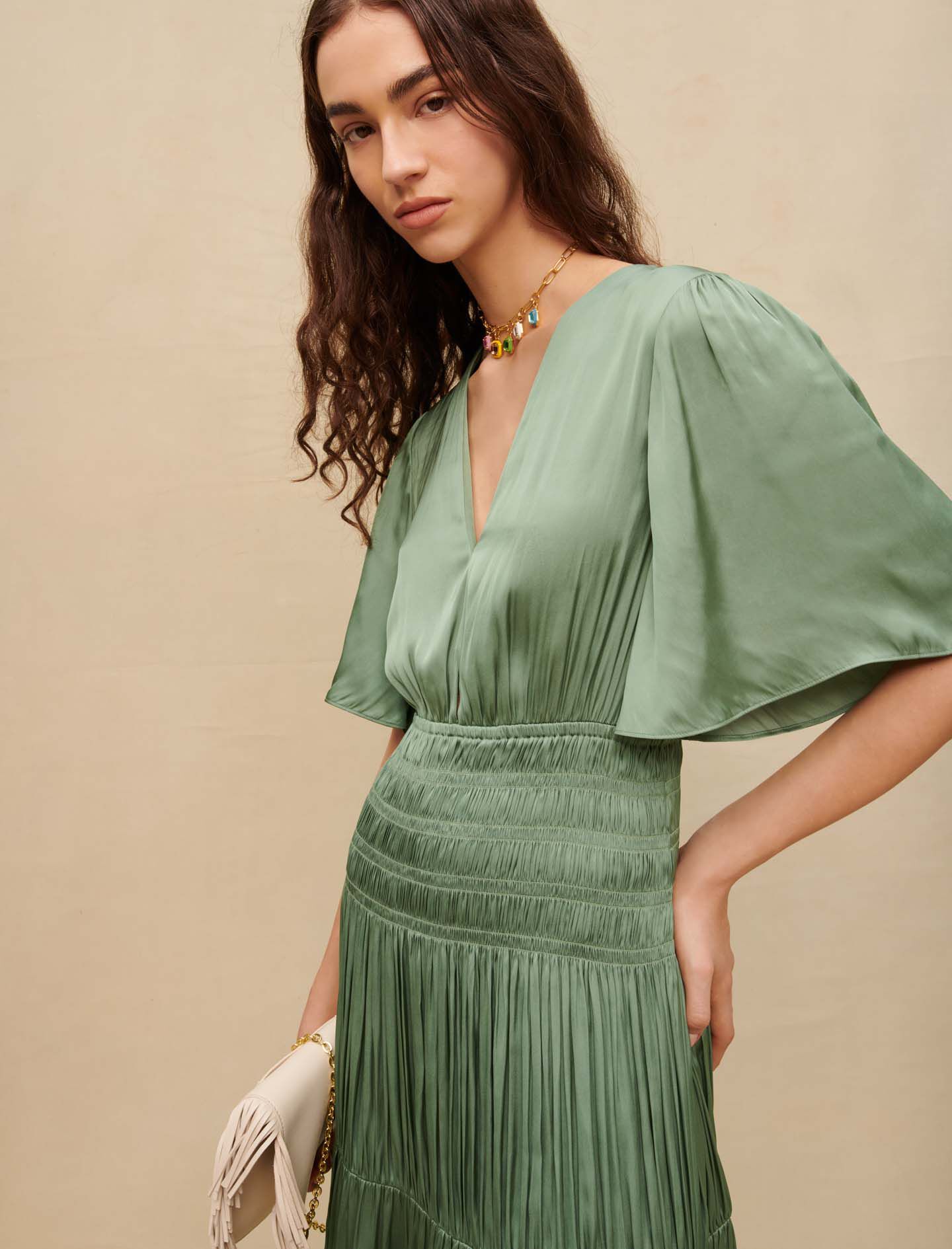 Rochie lungă din satin - Vert