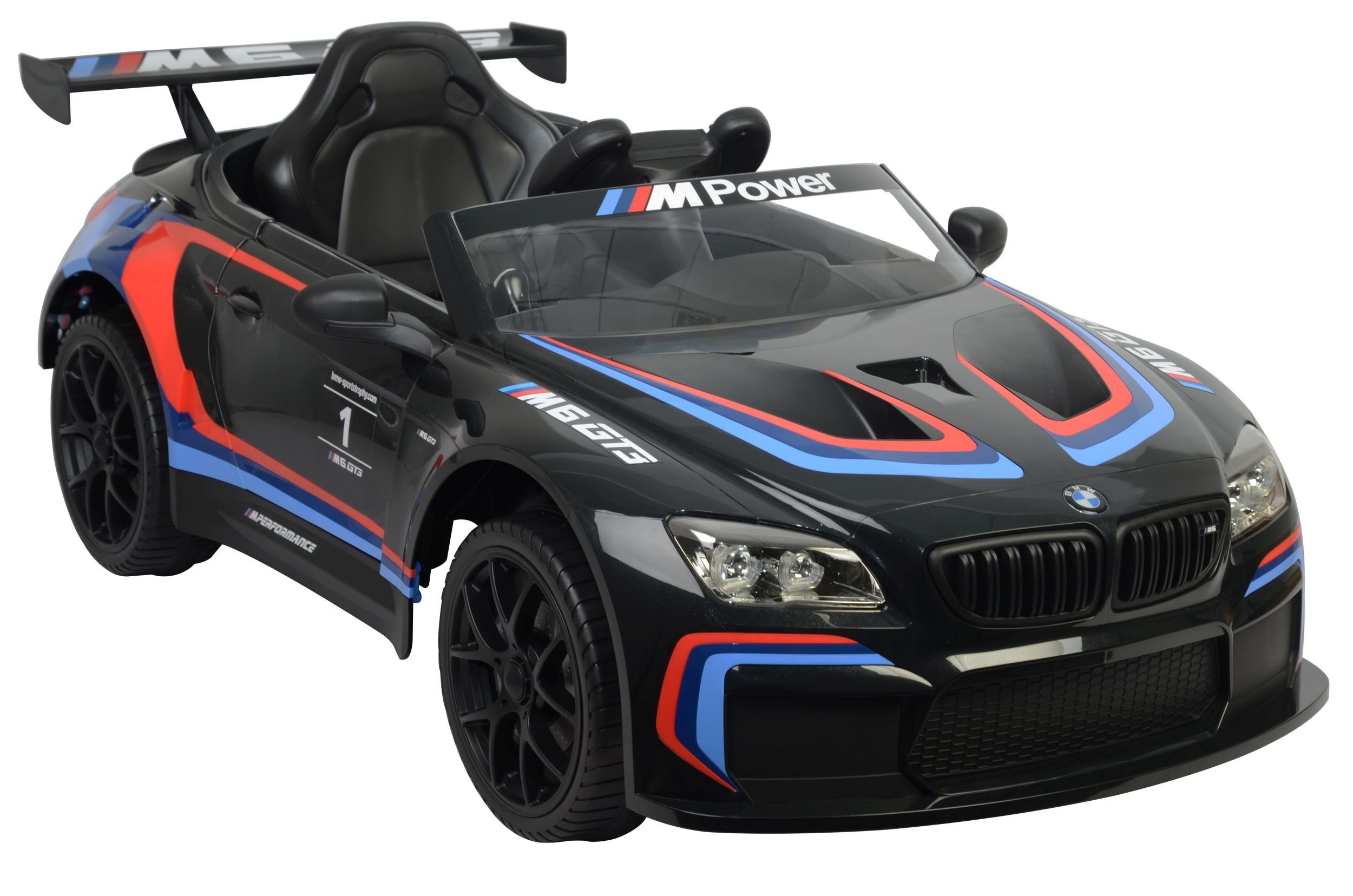 Elektrische kinderauto van Toys Store, elektrische kinderauto BMW M6 Sport GT3, Bluetooth, EVA lederen stoel, laadvermogen 35 kg, AUX/USB-aansluiting, MP3, claxon en motorgeluid op het stuur, afstandsbediening.