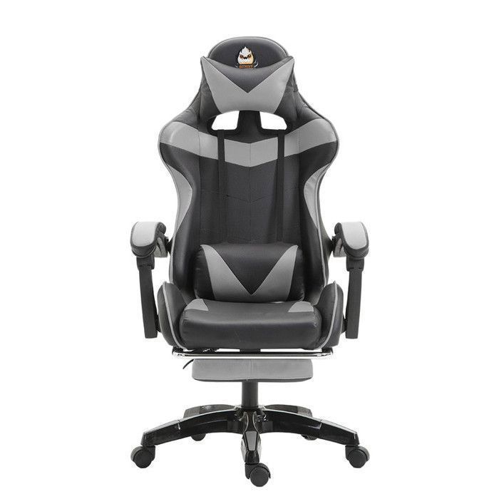 Chaise Gaming Ergonomique Noir et Gris, Support Lombaire, Repose-pieds, Oreilles de Chat, Coussin Tête, Inclinaison Réglable