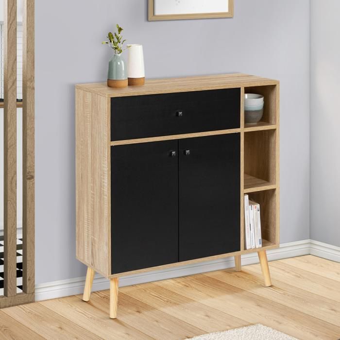 IDMARKET EMMIE Scandinavian wood and black storage unit with cupboard and drawer
