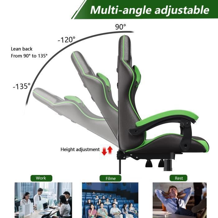 Silla gaming BIGZZIA, silla gaming ergonómica, giratoria y cómoda, reclinable de 90 a 135°, altura ajustable de 114 a 124 cm, color negro y verde.