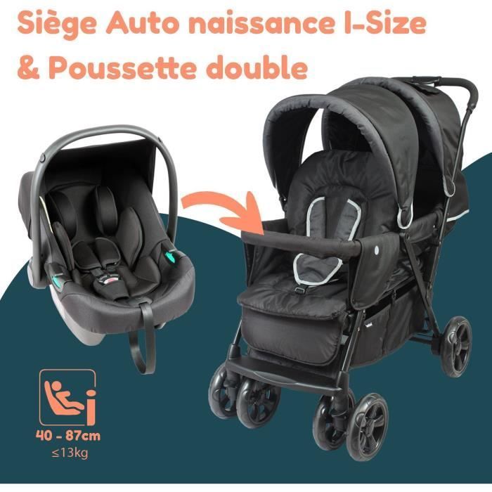 Passeggino doppio BAMBISL - Combinazione passeggino doppio + seggiolino auto i-Size - 4 ruote - Nero