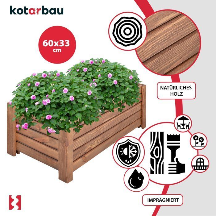 KOTARBAU Blumentopf aus Holz – 60 x 33 x 25 cm – Pflanzgefäß aus verkohlter Kiefer – Garten, Terrasse, Balkon – Braun