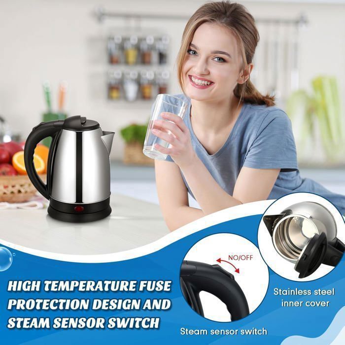 Hervidor eléctrico - 1500 W, calentamiento rápido, libre de BPA, fabricado en acero inoxidable 304, perfecto para familias, 2 L