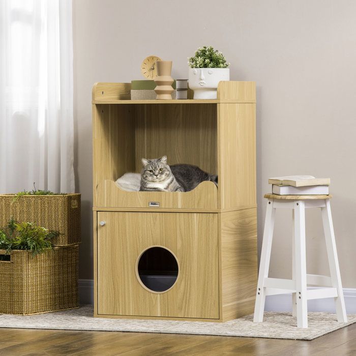 Arenero para gatos, unidad de 3 niveles con compartimento cerrado y 1 cojín, 60 x 45 x 103 cm