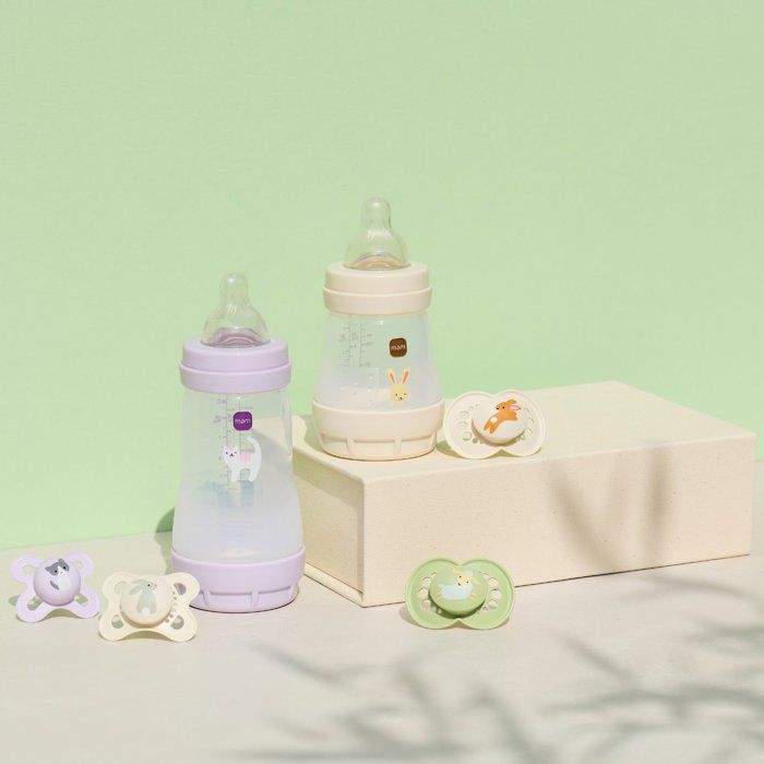 Sett med 2 babyflasker - MAM - Easy Start - Anti-kolikk - 160 ml - Smokk størrelse 1 - Lilla + Sand