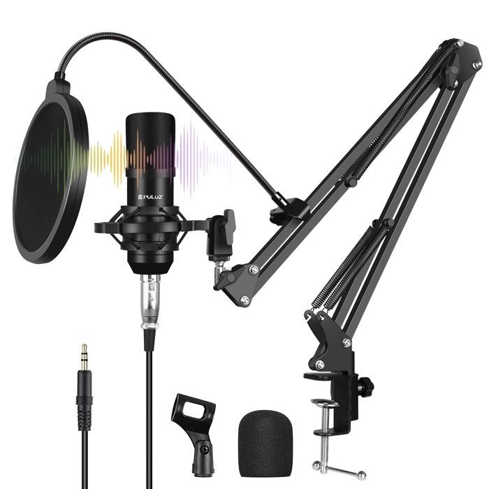 Kit completo de micrófono de condensador de estudio con brazo antivibración, tarjeta de sonido USB, color negro.