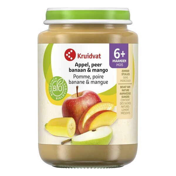 Kruidvat 6+M Bioloģiskais ābolu, bumbieru, banānu un mango augļu našķis<br>190g