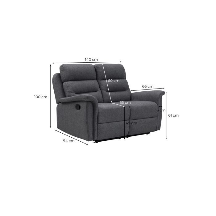 Sofá reclinável de 2 lugares LÉON em tecido cinza - Cinza escuro - L140 x P94 x A100cm - LOUNGITUDE