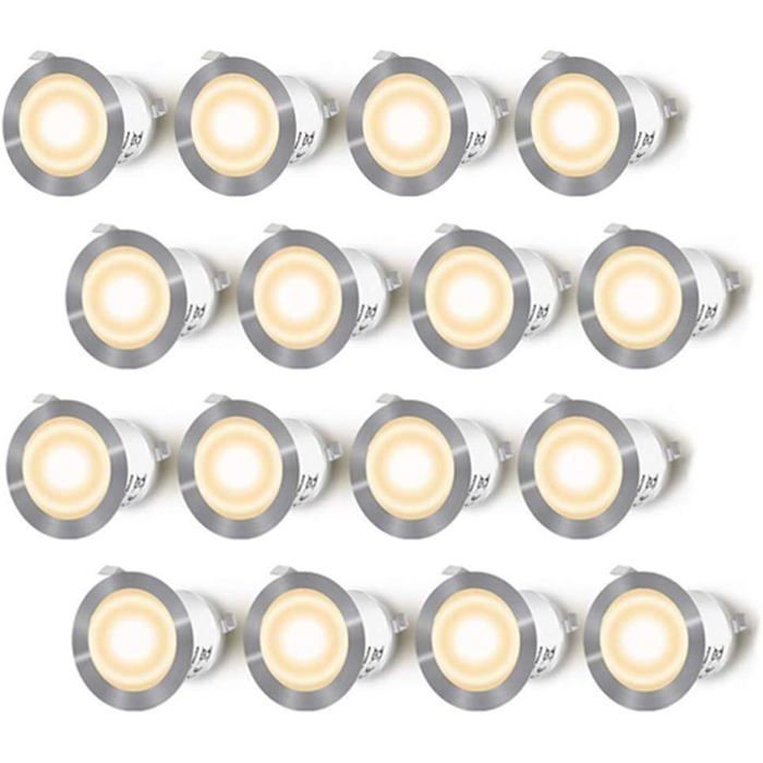 Paquete de 16 focos LED empotrables para exteriores IP67 de 0,6 W y 2700 K - kit listo para enchufar, acero inoxidable/policarbonato