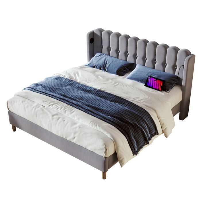Cama doble gris de 180×200 cm con somier de láminas incluido, puertos USB+Tipo-C, cabecero acolchado, requiere montaje.