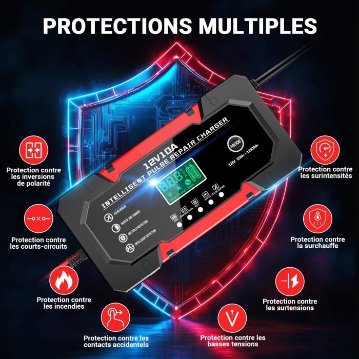 Cargador de baterías AIMOONSA - 10A 12V - Compatible con LiFePO4/GEL/AGM - Pantalla LCD y modo de reparación