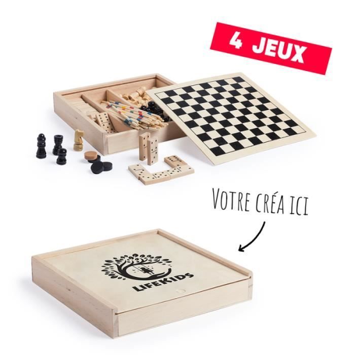 Caja personalizable para juegos de mesa - Estuche clásico para juegos de mesa con Mikado, ajedrez, damas y dominó [Juegos de madera]