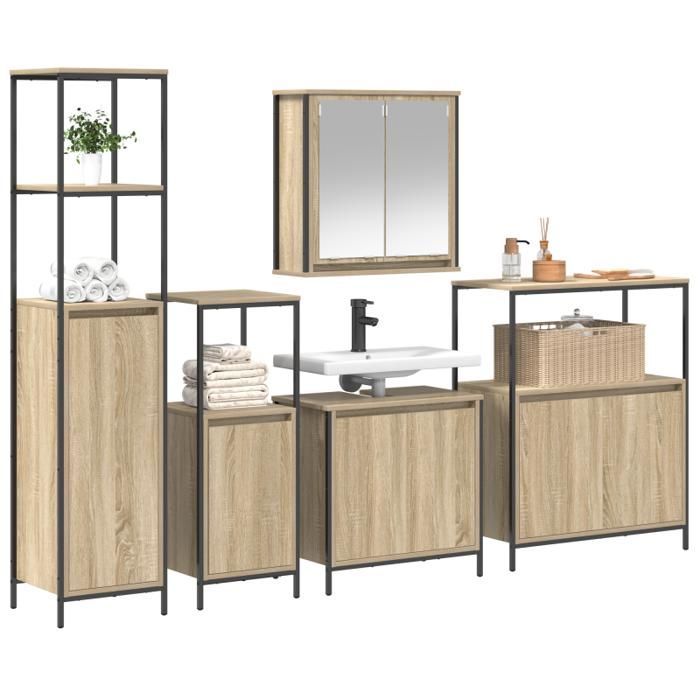 Conjunto de muebles de baño - Roble Sonoma - 5 piezas - Estilo contemporáneo - Fácil montaje
