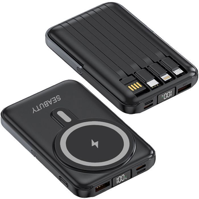 SEABUTY 20000mAh magnetische externe batterij met 4 ingebouwde kabels, draadloze powerbank met 6 uitgangen en 3 ingangen en LED-display